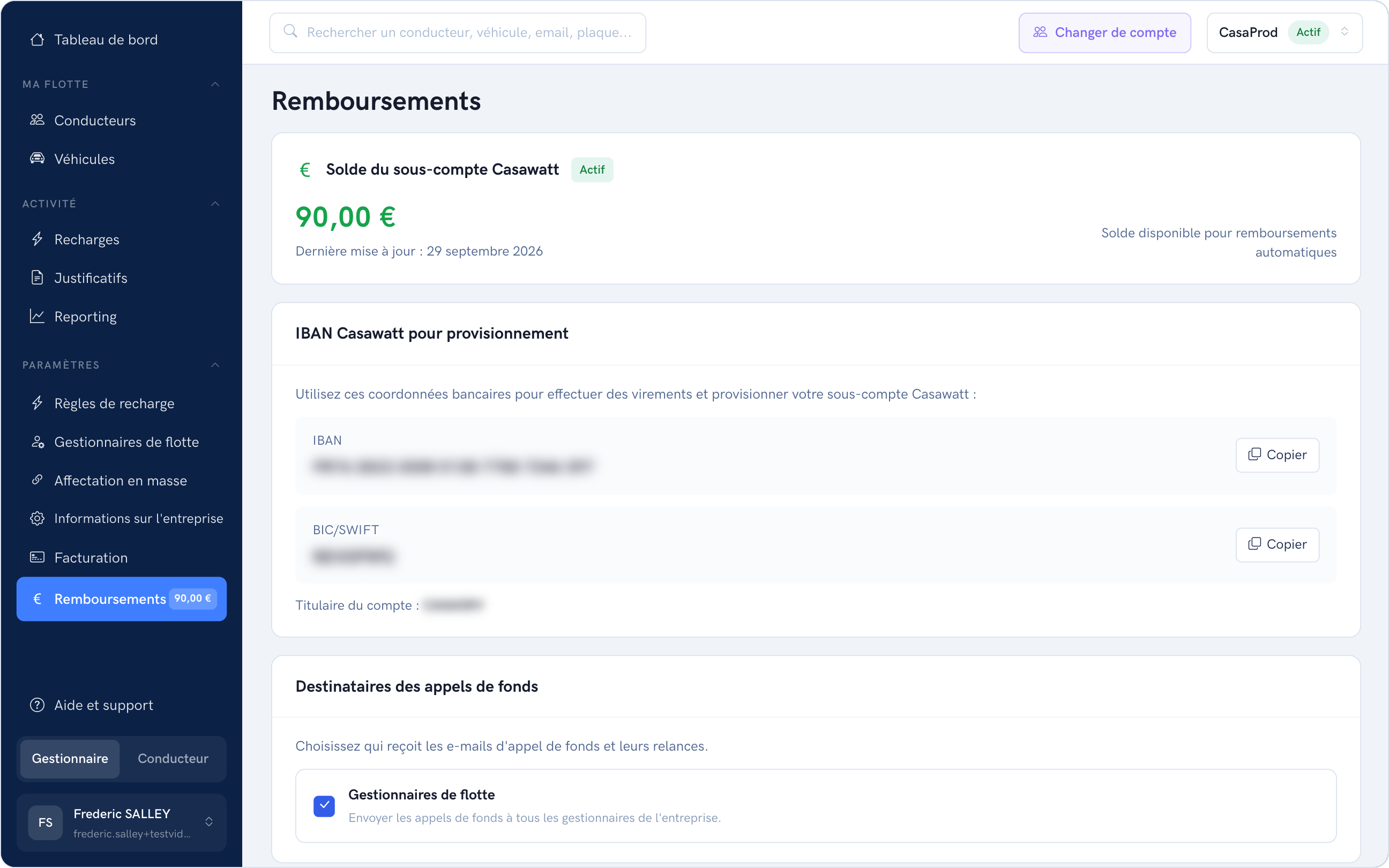 Page Remboursements de Casawatt : solde du sous-compte, IBAN de provisionnement et destinataires des appels de fonds